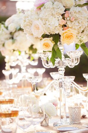 Hydrangea and Rose Centerpiece in Glass Candelabra