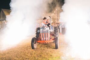Reception Grand Exit on Vintage Tractor With Fog Machine