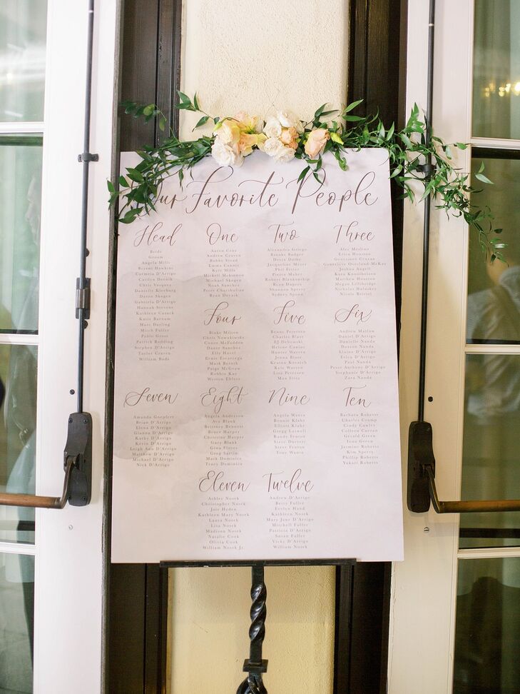 Romantic Seating Chart Sign with Calligraphy and Greenery