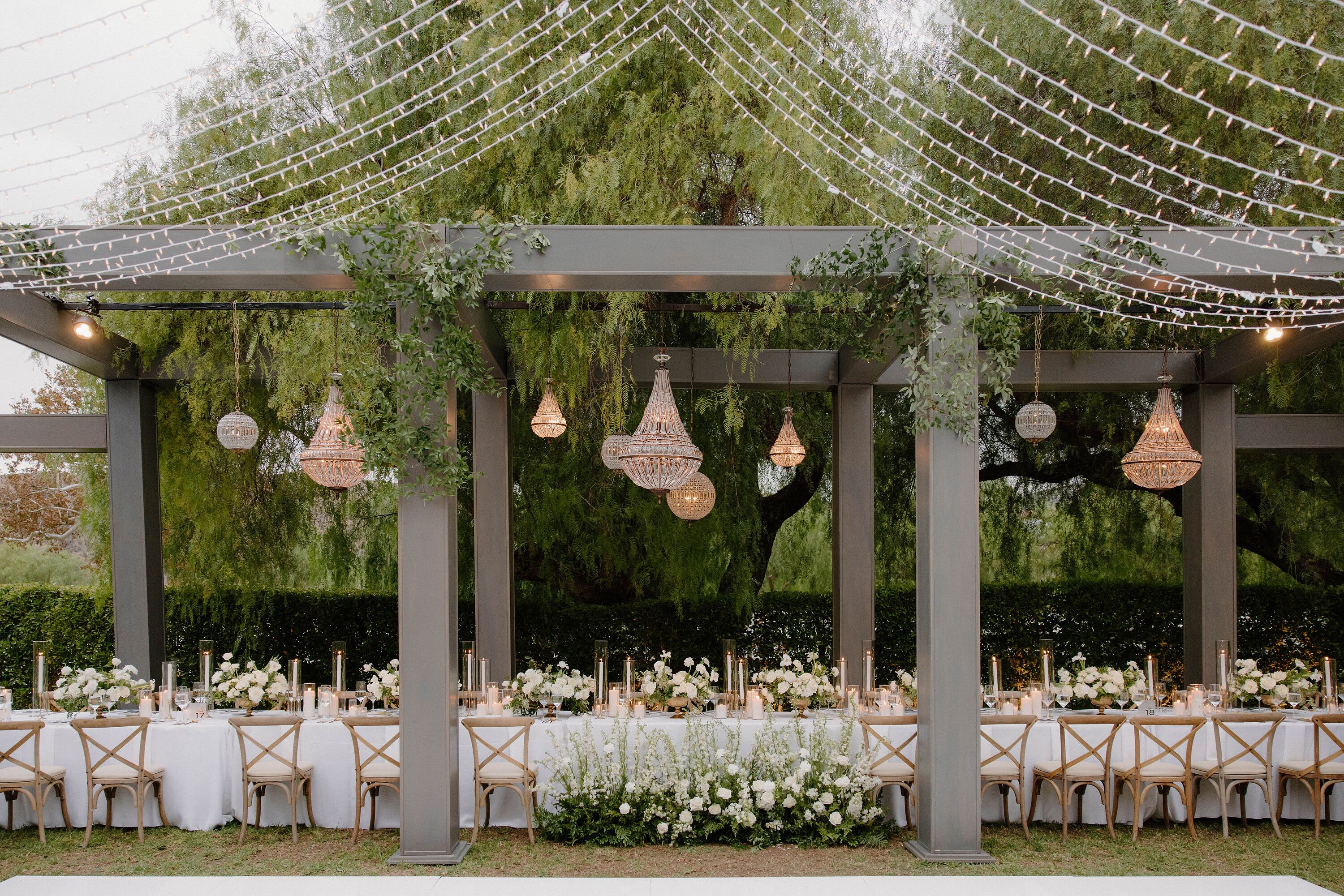 Garden Reception Under Structure, Crystal Chandeliers and Lights, White Details