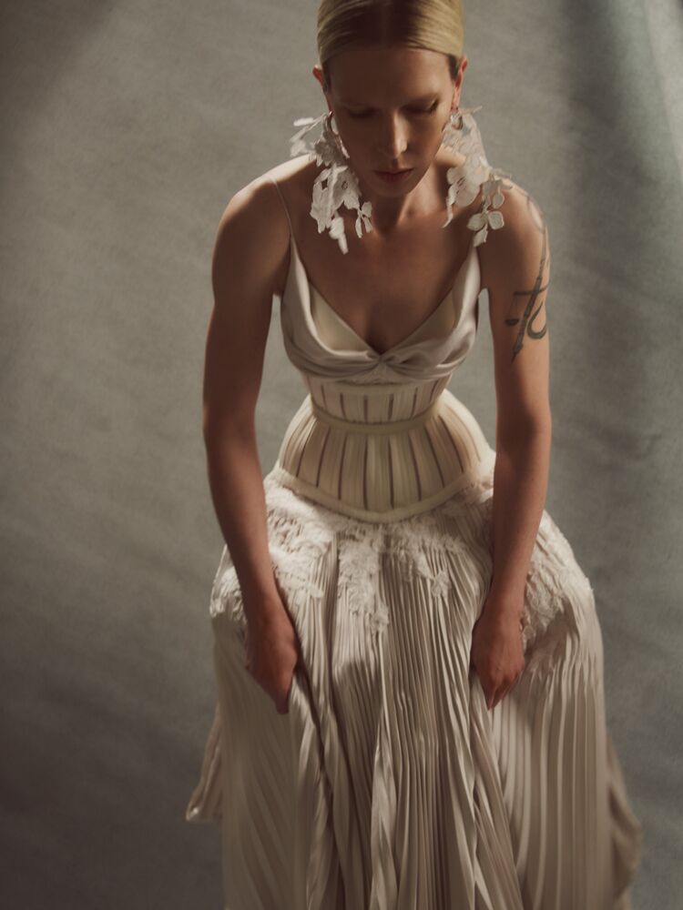 Danielle Frankel pleated satin wedding dress with cotton corset