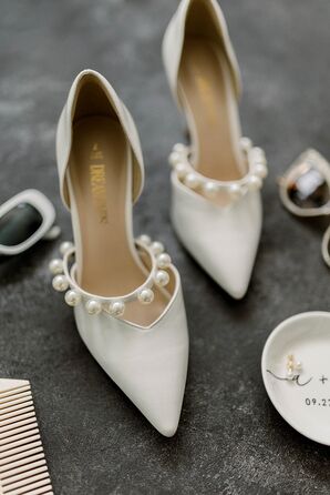 White High Heel Shoes With Pearl Band, Earrings and Sunglasses