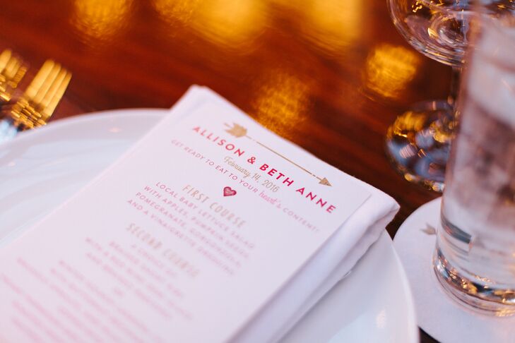 Dinner menus gave a subtle nod to the day's Valentine's Day motif.