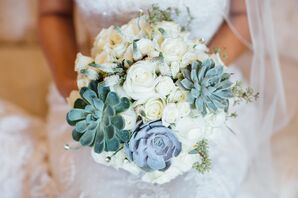 Green Succulent and Ivory Rose Bouquet