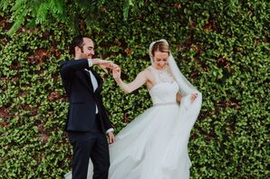 Flowy Tulle Wedding Dress with Lace Detail and Jeweled Belt