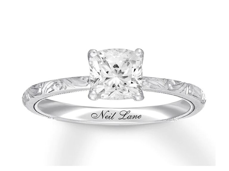 kay neil lane diamond cushion cut engagement ring with white gold band with floral design