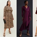 collage of three long-sleeve wedding guest dresses