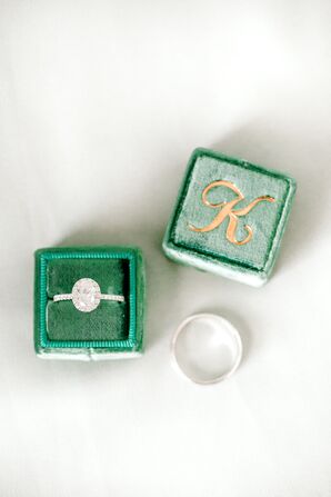 Engagement Ring in Monogrammed Green Velvet Ring Box