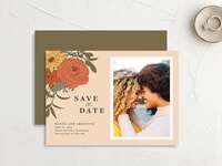 Save the date with couple photo, retro flowers and neutral tones