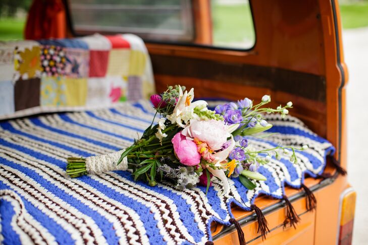 Bohemian bride Lisa Schneider and her groom, Shay Acheson, rented one unexpected element for their special day...a bright orange Volkswagen bus. "Shay