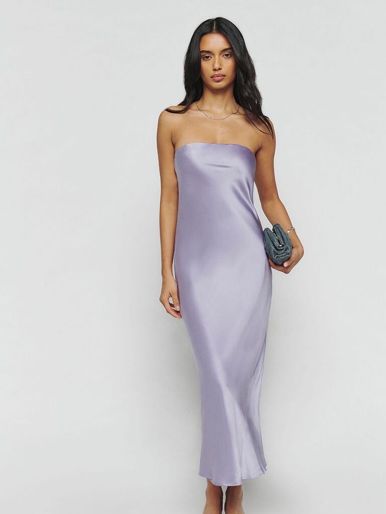 Strapless lavender silk dress from Reformation