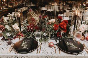 Modern Black Place Settings and Moody Burgundy Centerpieces