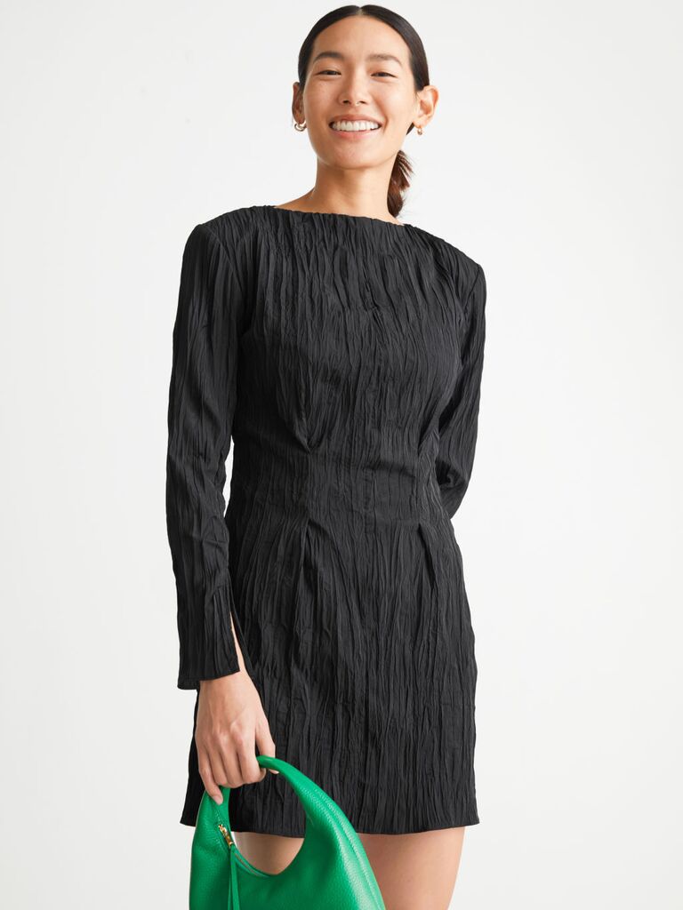 Textured black long sleeve mini dress