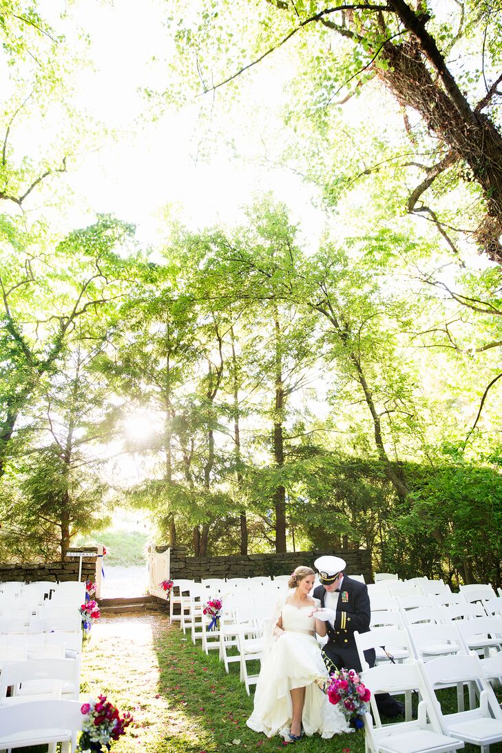 Old trees flanked the outdoors ceremony. "We had quite a big wedding so my cousin built a stage outside of the walled tennis court for the wedding party," says Liz.