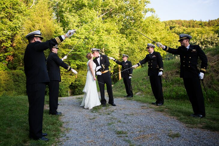 Declan wore his Mess Dress Blues (militaryrnversion of black tie) and his groomsman either wore classic black tuxedos or their Service Dress Blue uniforms.