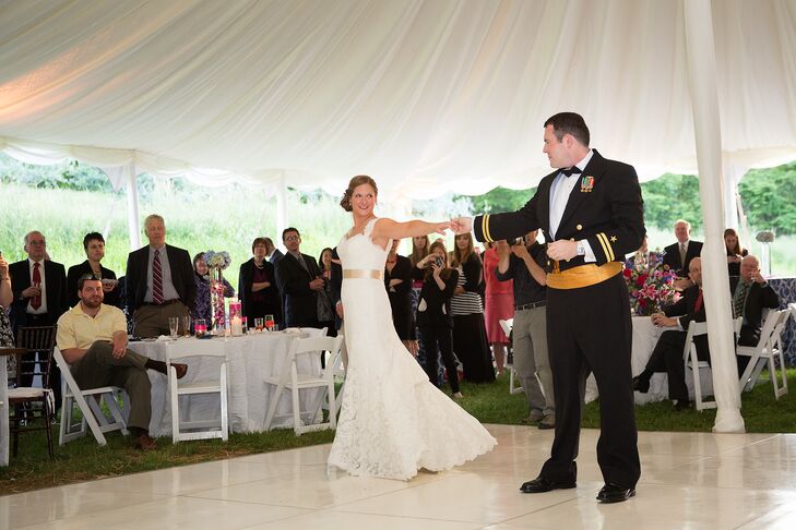"I'm a pretty simple person and I knew exactly what type of dress I wanted—amazingly, I bought just the second one I tried on!" says Liz. "It was a lace Watters gown with a keyhole back that I accessorized with a champagne belt."