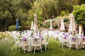 Vineyard Estate Reception With Round Tables, White Linens, Umbrellas on Lawn