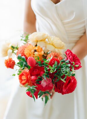 Colorful Red and Orange Wedding Bouquet With Ranunculus