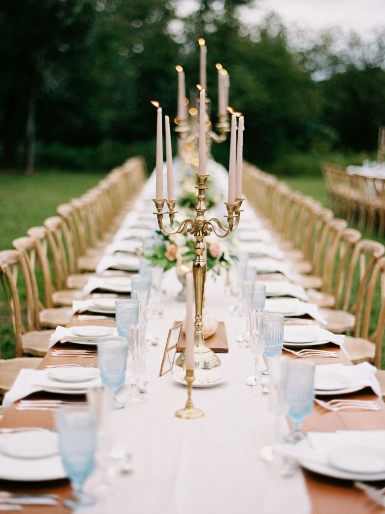 rustic tablescape with gold candelabras 