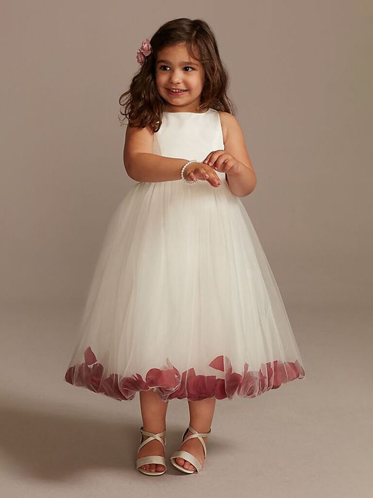 davids bridal flower girl dress with tulle skirt and colored petals