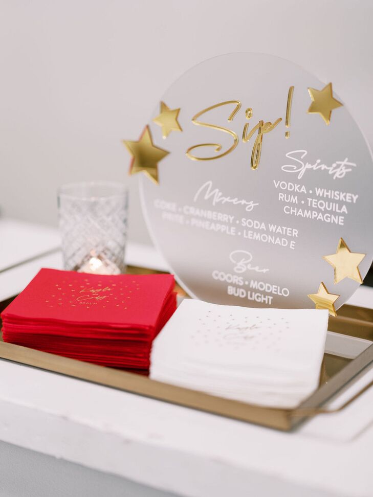 Transparent Bar Sign With Alcohol Options and Personalized Napkins and Star Details