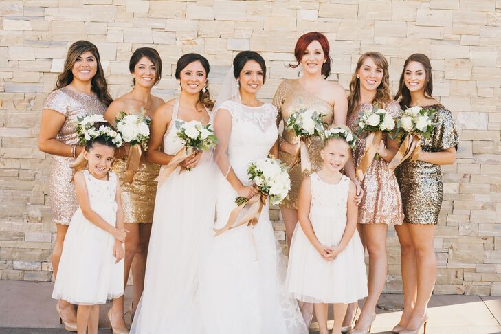 "Once I decided that subtle gold elements would be part of the wedding decor, I thought there was no better way to complement the look than with gold sequin dresses," Nadia says. "I let the girls pick their own style, and I'm glad I did because I felt each dress was unique to their personalities."