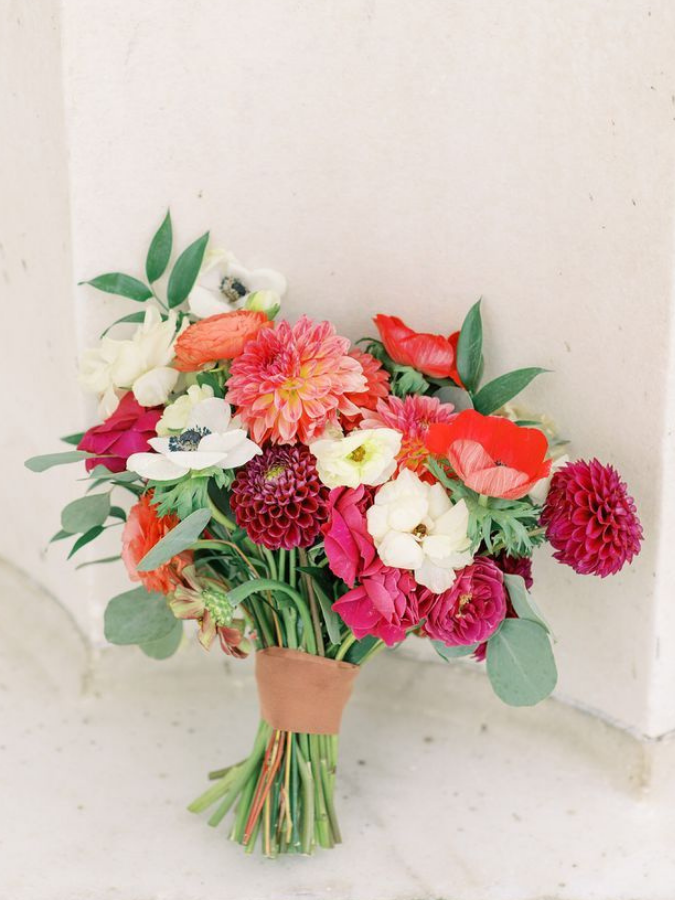 Bright red bouquet with eucalyptus