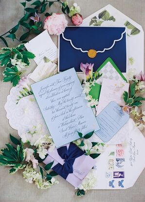 Custom Blue Wedding Invitations With Scalloped Envelopes