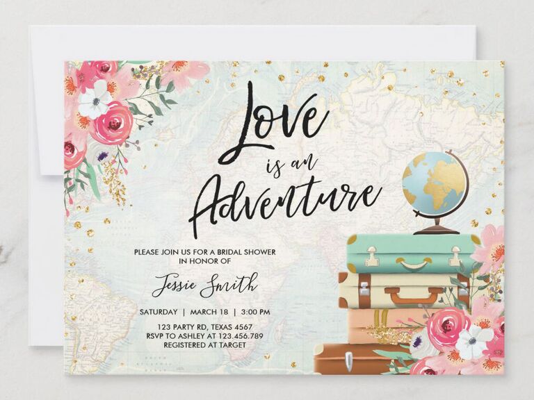 'Love is an adventure' in black script above event details with floral, luggage and globe graphics on faded map background with gold flecks