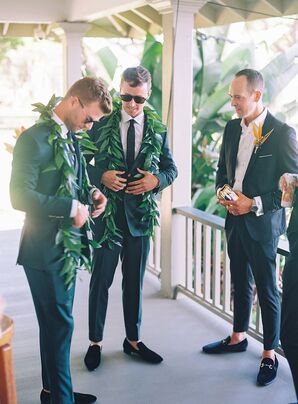 Grooms in Green Suits Putting on Their Greenery Leis Before Their Maui, Hawaii, Wedding