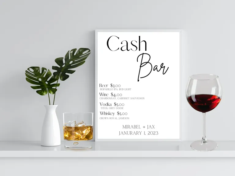 White and black sign with bar menu for wedding