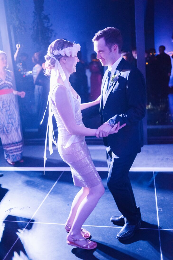 At the reception at Walker Art Center in Minneapolis, Minnesota, Tessa changed out of her stunning Dolce & Gabbana gown and into a Herve Leger knee-length dress. She loved the sparkly finish that glimmered under the dance-floor lights.