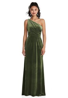 Dessy Group One-Shoulder Draped Velvet Maxi Dress - TH059 One Shoulder Bridesmaid Dress