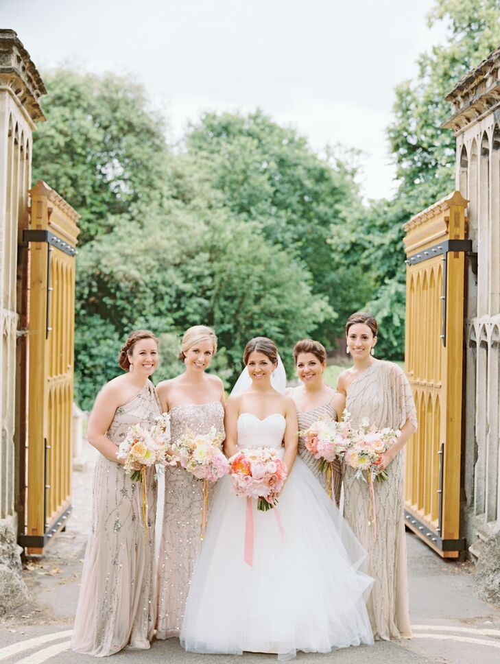 The bridesmaids wore sleek sequined sheath dresses. I gave them a couple of sparkly options and let them pick their favorite, Rebecca says.
