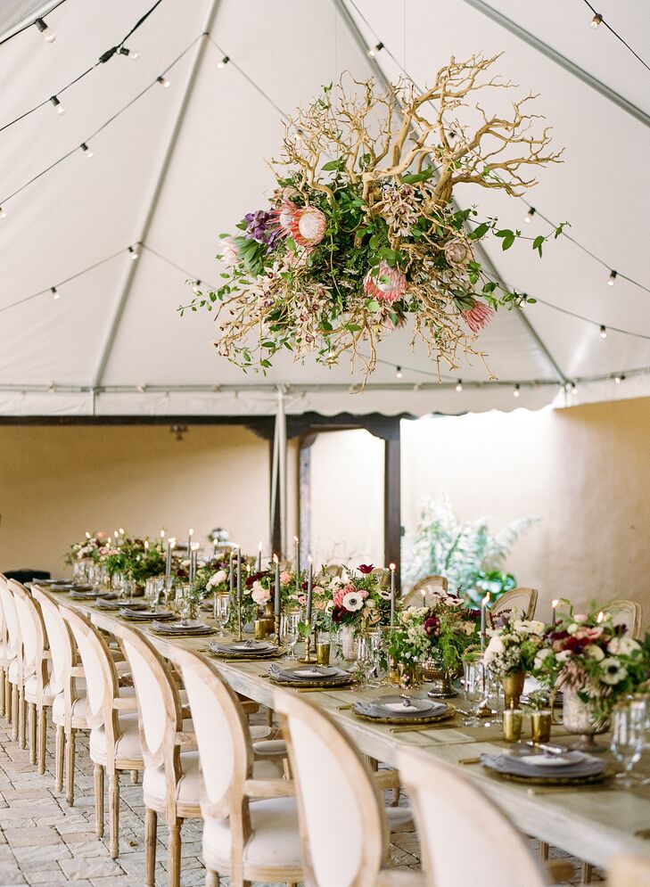 Tented Reception with Wood and Floral Chandelier Installation