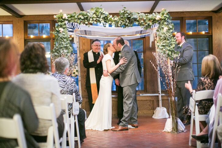 Coming from different religious backgrounds, Edith and Zachary decided to write their own ceremony, including elements from both their Catholic and Jewish faiths. “We combine both our traditions and had our ceremony co-officiated by my parish priest and a rabbi,” says Edith. “We wrote our own ceremony using traditional Catholic vows and bible readings, along with the Jewish seven wedding blessings and exchange of rings.” The pair stood under a birch chuppah draped in eucalyptus, pussy willows and Zachary’s father’s, grandfather’s and great-grandfather’s tallits and the final blessing was said by the priest and rabbi together, alternating between English and Hebrew.