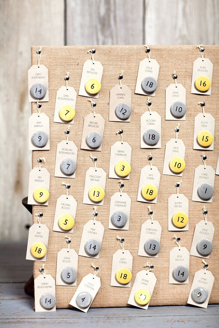 Playing off the venue’s quirky, eclectic vibe, the couple used vintage gift tags and numbered yellow and gray button pins to help guests find their way to their seats.