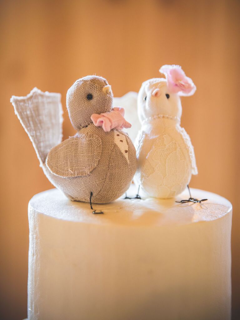Rustic style cloth love bird cake toppers.