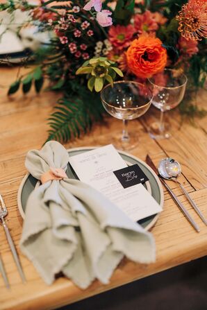 Place Setting With Pale Green Plate and Linen, Custom Menu, Mid-Century Modern