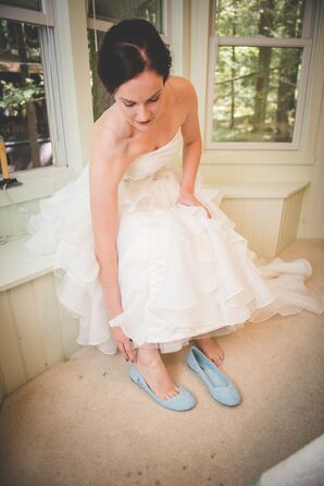 Bride Gets Ready for the Wedding with Her Light Blue Shoes