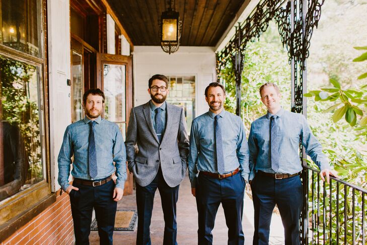 Chris and his groomsmen wore J.Crew chambray shirts and ties with navy pants from Banana Republic. Additionally, Chris had a wool jacket with elbow patches by J.Crew and wore a clip tie.