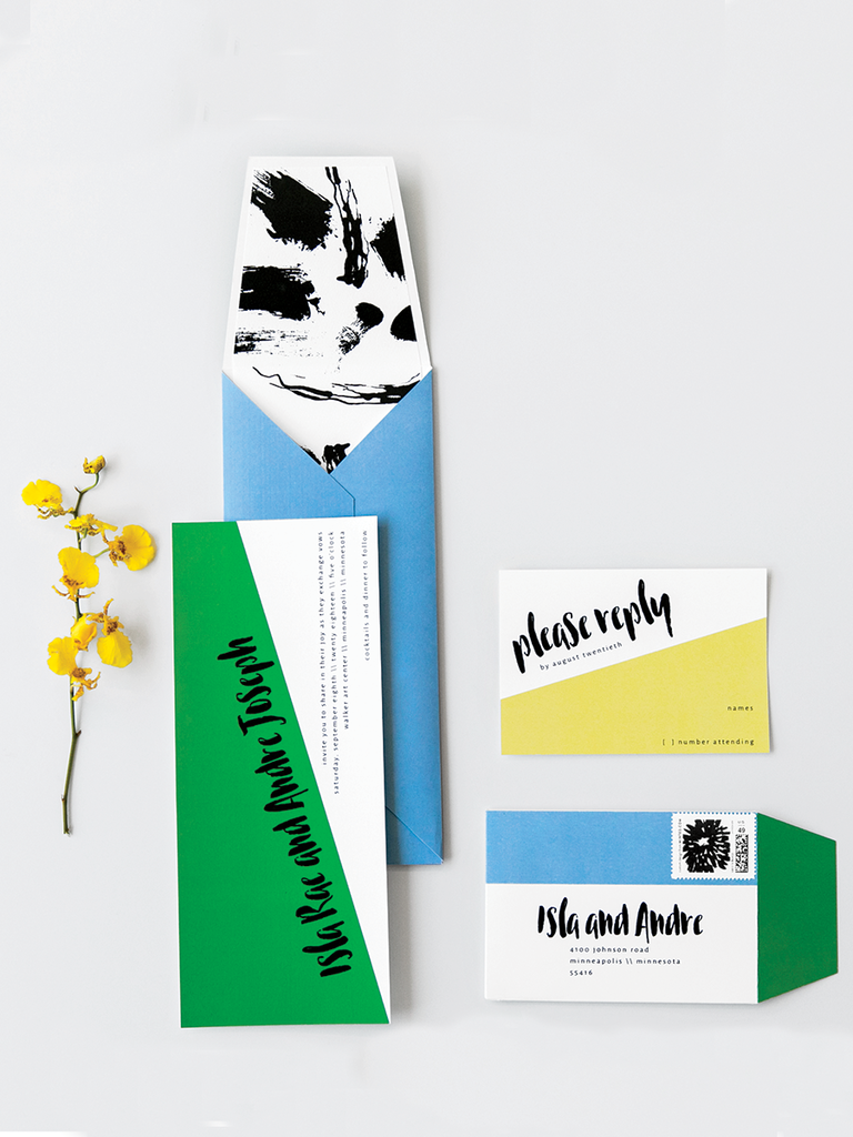 modern colorful geometric wedding invitations