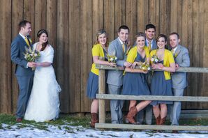 Gray Bridesmaid Dresses with Yellow Sweaters