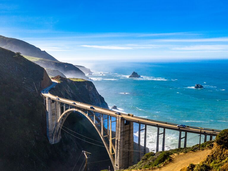 Aerial Bixby Bridge (Rocky Creek Bridge) and Pacific Coast Highway near Big Sur in California, USA America