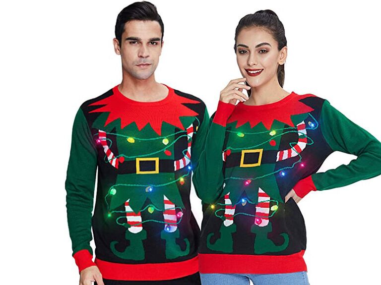 Matching elf couples Christmas sweaters