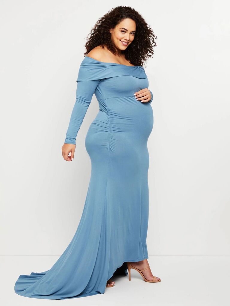 Motherhood plus-size maternity wedding guest dress with off-the-shoulder neckline and fitted silhouette in blue 