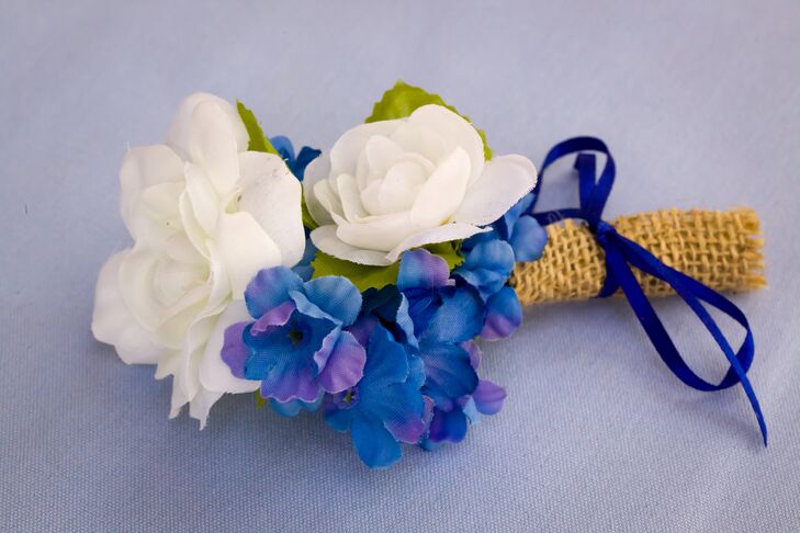 Blue and White Fabric Flower Boutonniere