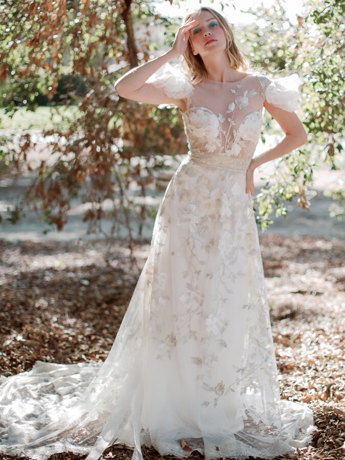 Claire Pettibone embroidered A-line wedding dress with flutter sleeves