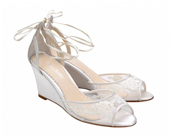 bella belle white lace wedding shoes with peep toes wedged heels and lace up ankle straps