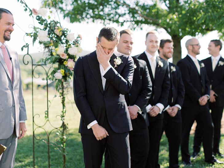 Groom Crying During Processional at Market at Grelen in Somerset, Virginia